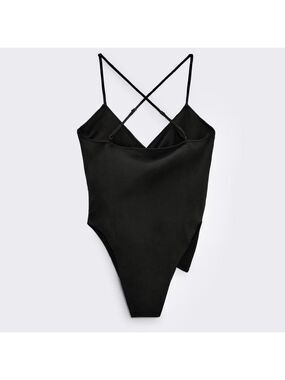 Zara black asymmetrical spaghetti strap V-neck bodysuit sweetheart neckline Sz S